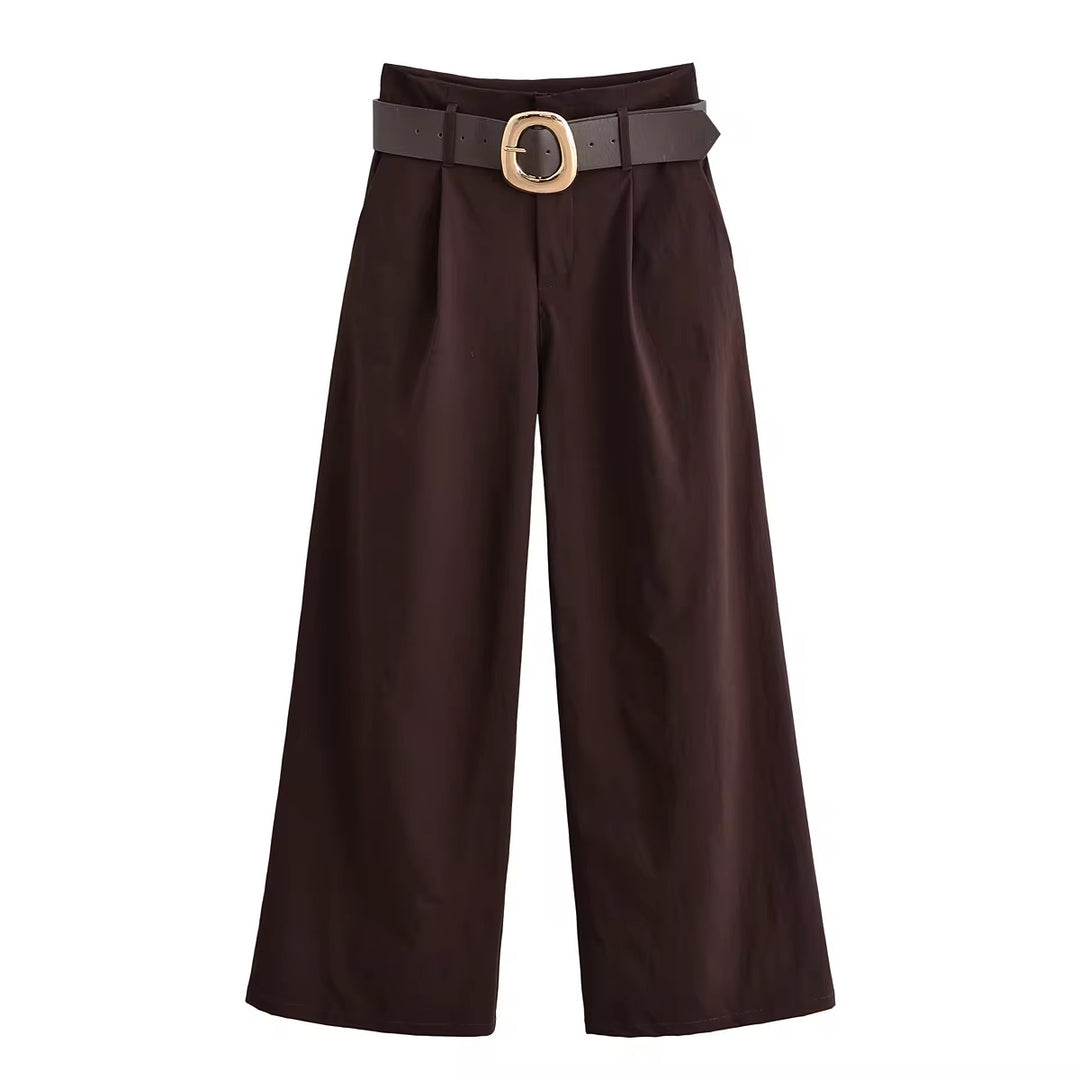 Brown High-Waist Wide-Leg Pants/ Belt