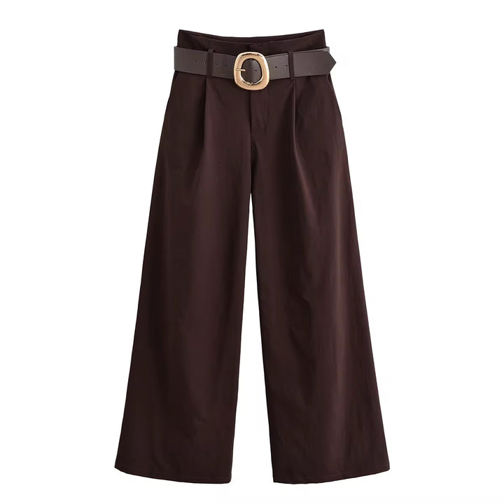 Brown High-Waist Wide-Leg Pants/ Belt