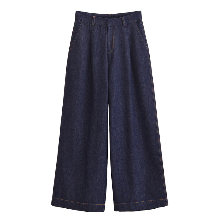 Women's Navy Blue Denim Wide-Leg Pants