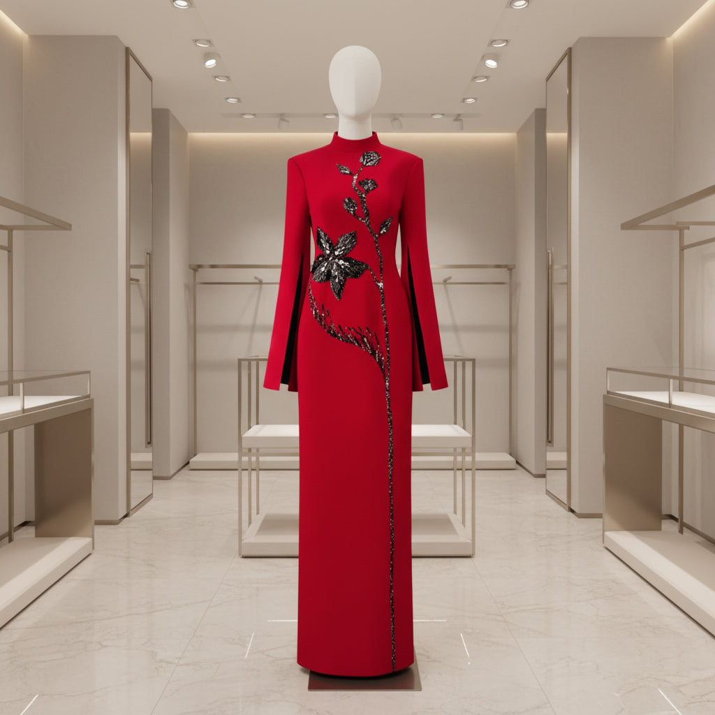 Red Sequin Embellished Maxi Dress