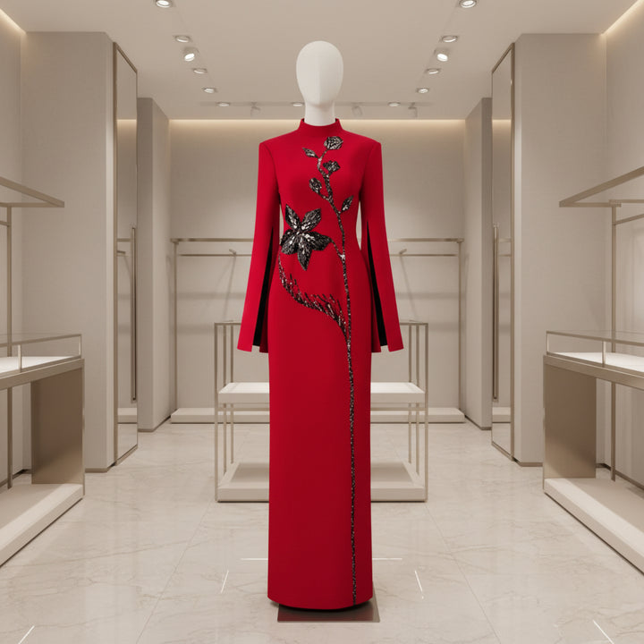 Red Sequin Embellished Maxi Dress