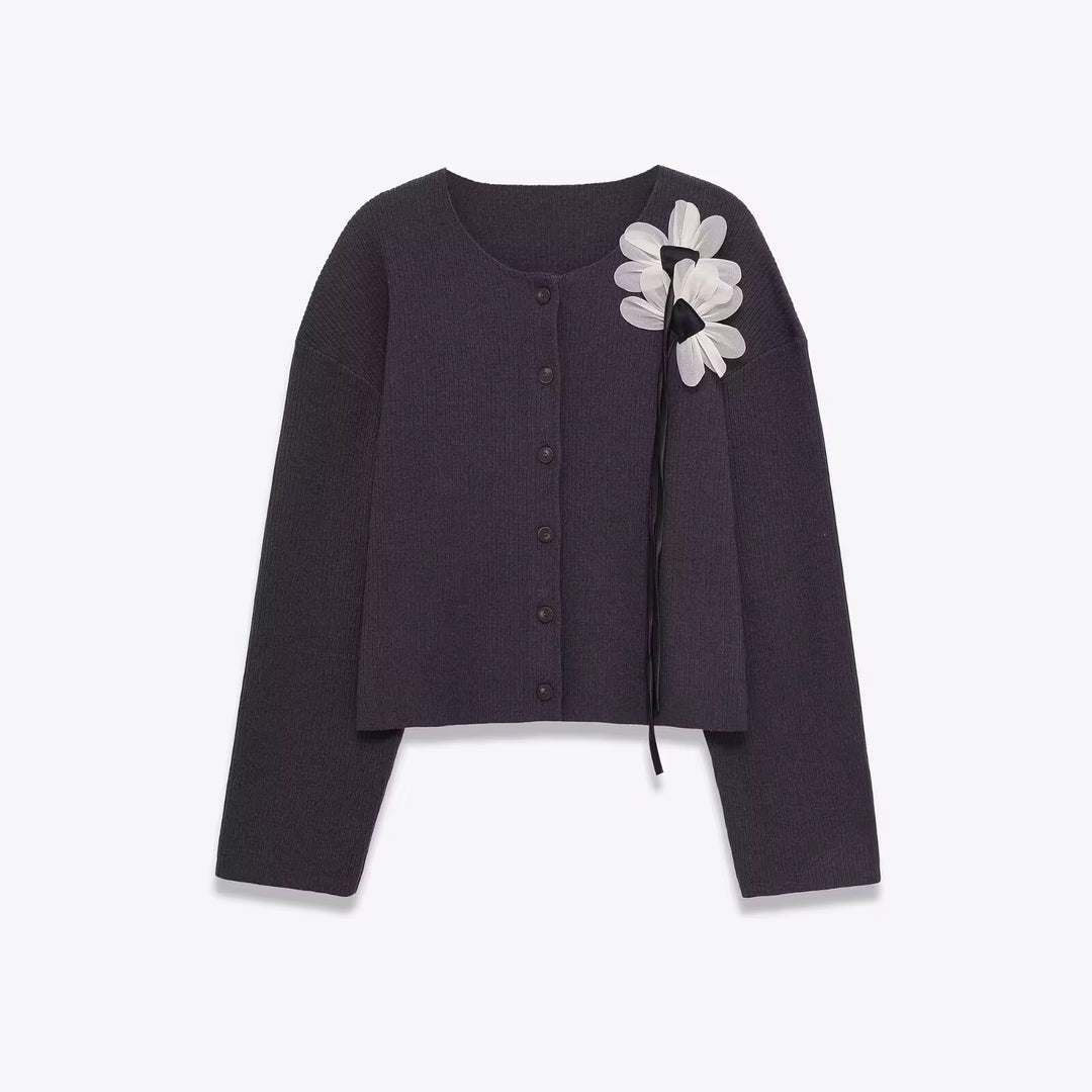 Purple Ribbed Cardigan W/ White Floral Accent