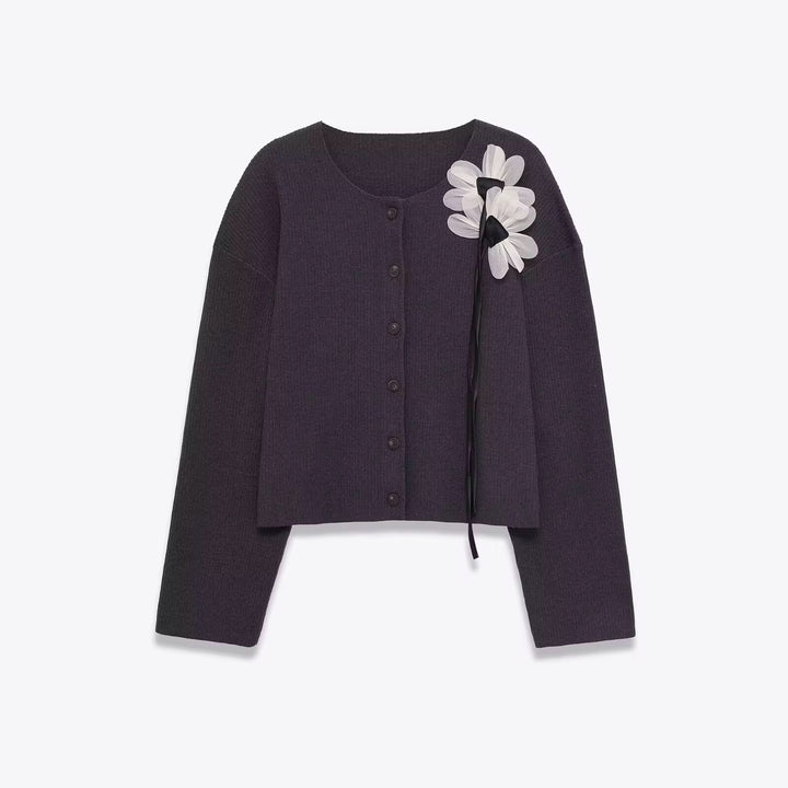 Purple Ribbed Cardigan W/ White Floral Accent
