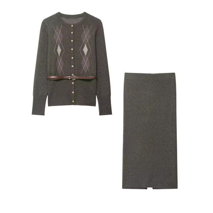 Argyle Pattern Cardigan and Skirt Set