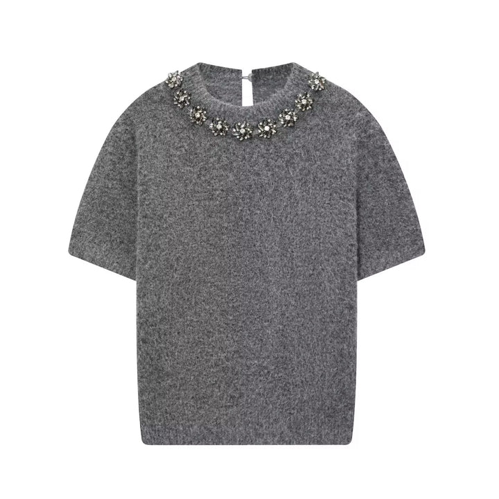 Gray Knit Top with Crystal Embellished Collar