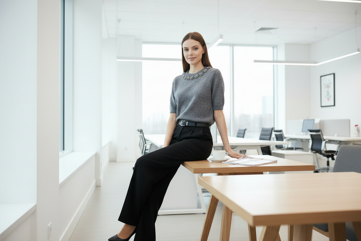 Gray Knit Top with Crystal Embellished Collar