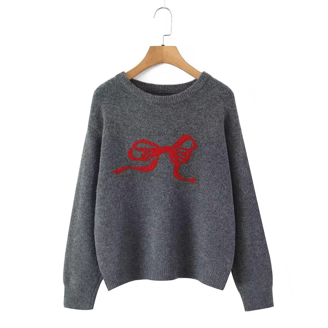 Gray Sweater with Red Bow Embroidery