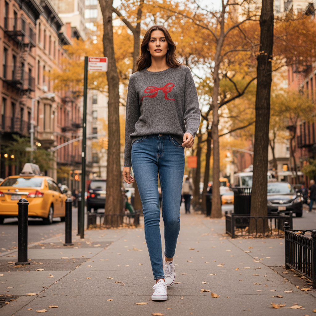 Gray Sweater with Red Bow Embroidery