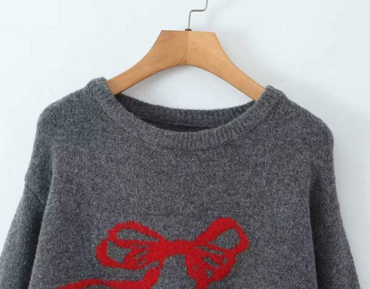Gray Sweater with Red Bow Embroidery