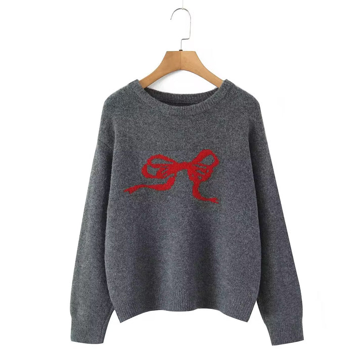 Gray Sweater with Red Bow Embroidery