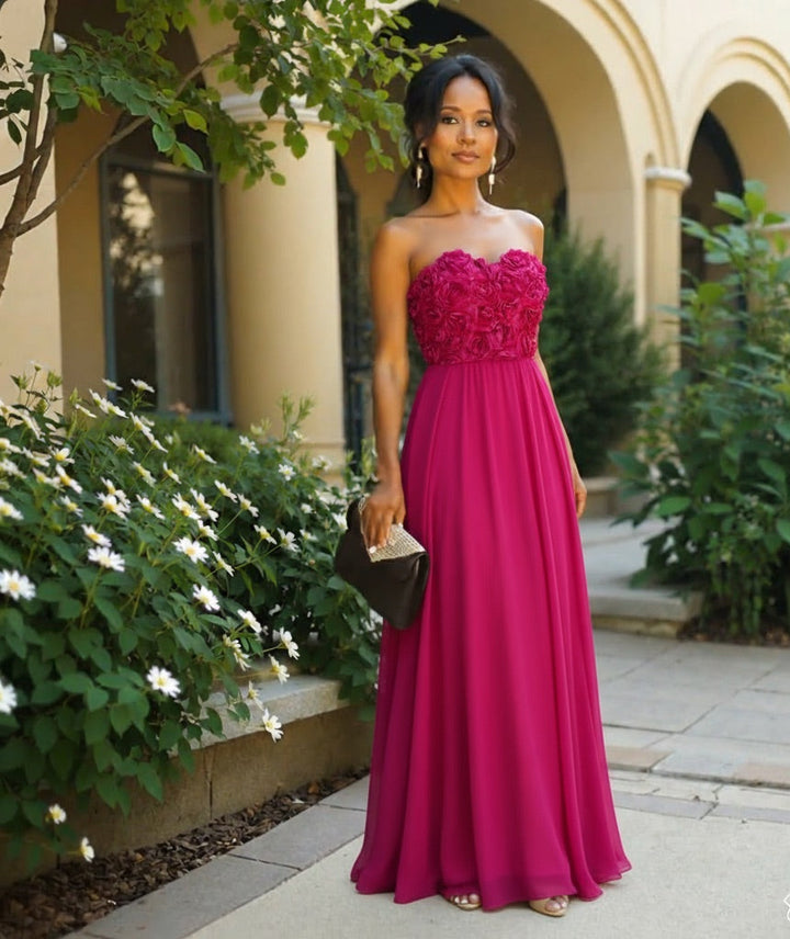 Strapless Rose-Embellished Maxi Dress