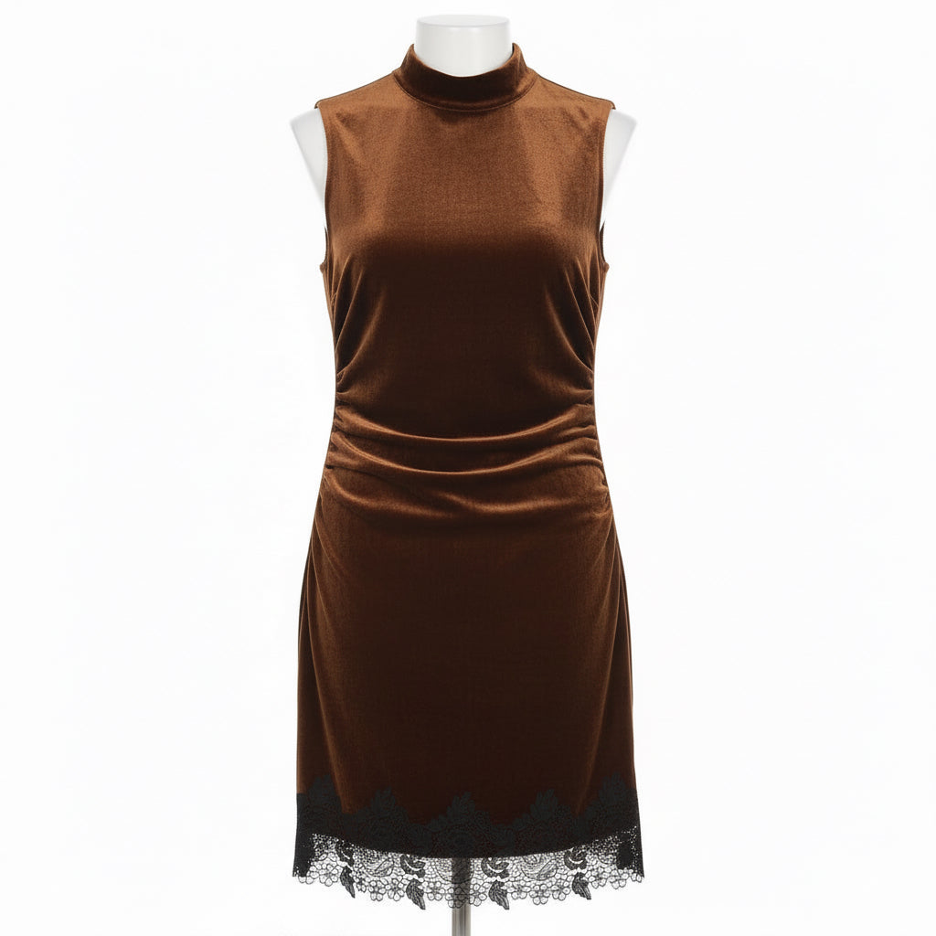 Velvet Brown Lace Hem Sleeveless Dress