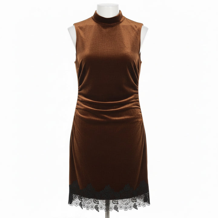 Velvet Brown Lace Hem Sleeveless Dress