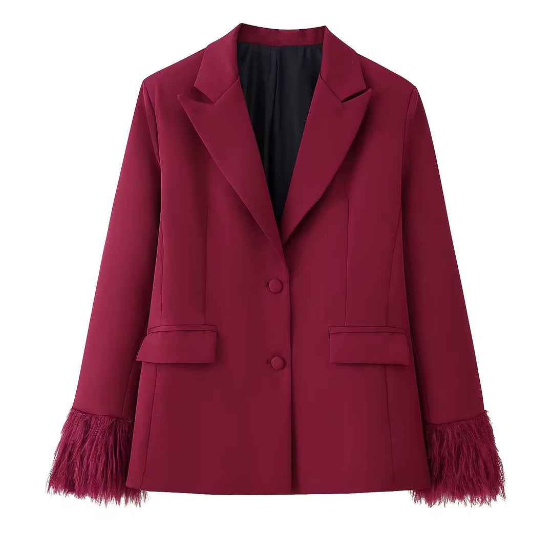 Burgundy Feather-Trim Blazer