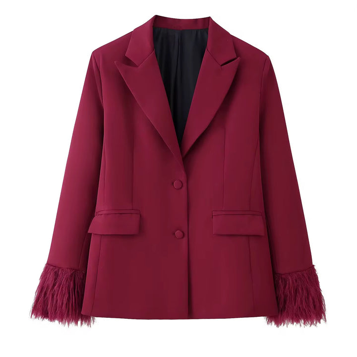 Burgundy Feather-Trim Blazer