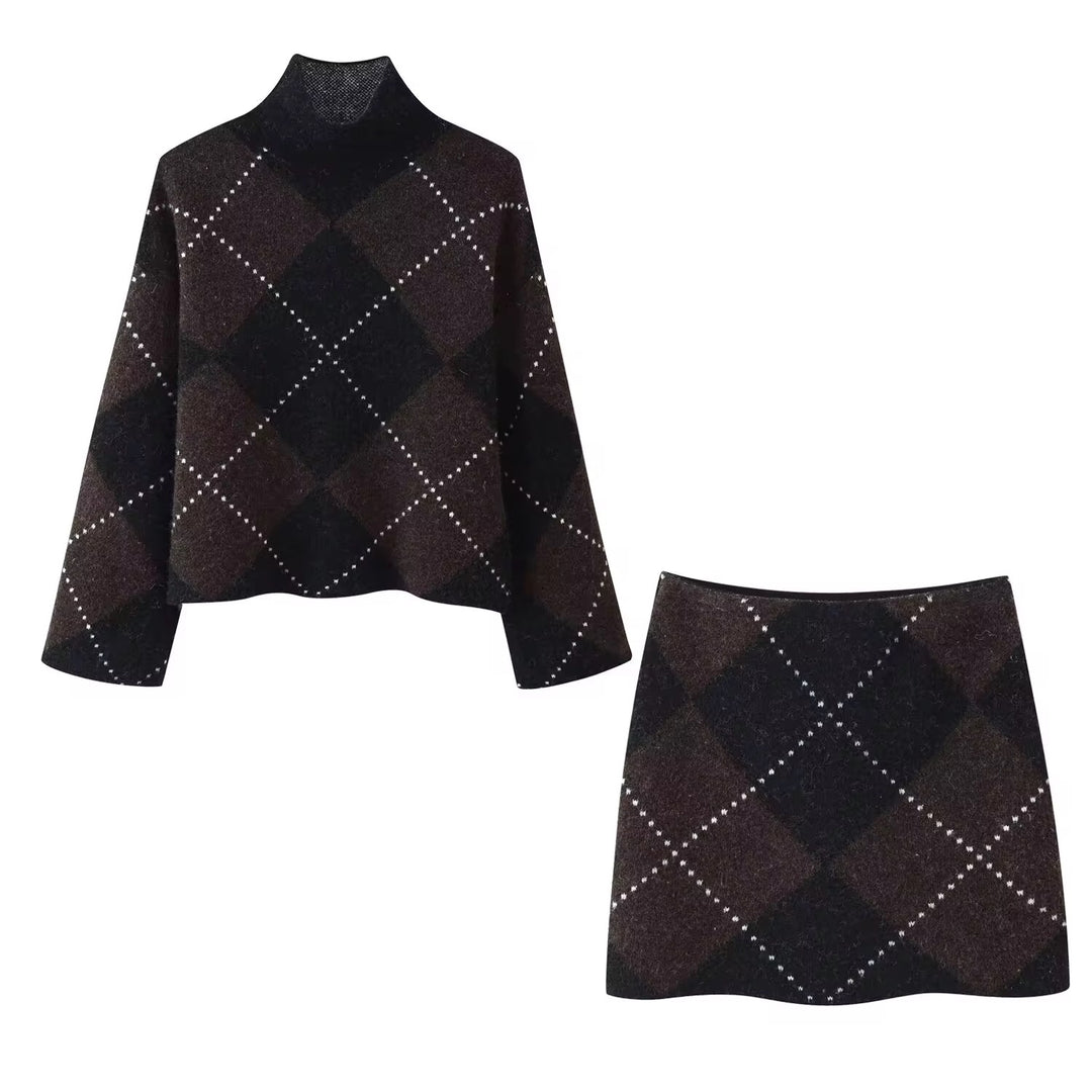 Argyle Pattern Turtleneck Sweater and Skirt Set