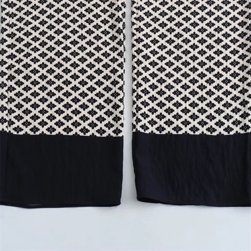 New Spring black white floral floral vintage pants