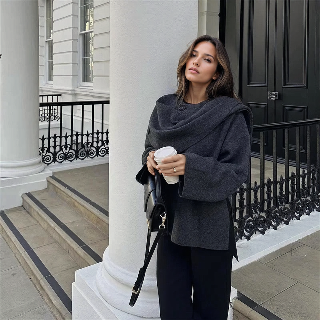 Dark Grey coat with asymmetrical scarf