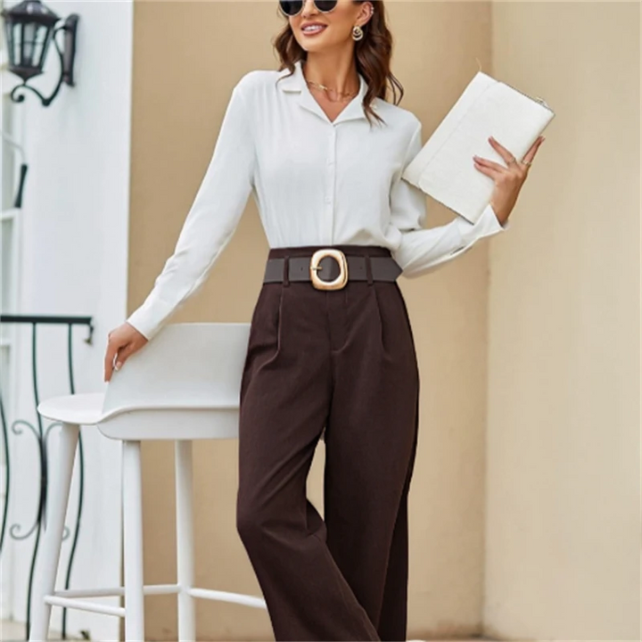 Brown High-Waist Wide-Leg Pants/ Belt