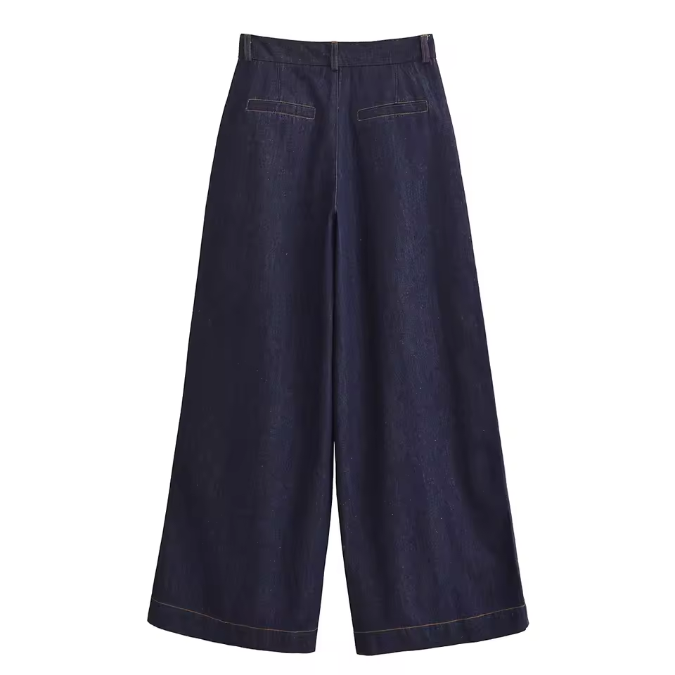 Women's Navy Blue Denim Wide-Leg Pants
