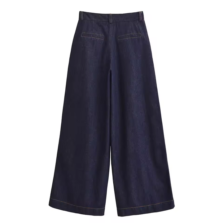 Women's Navy Blue Denim Wide-Leg Pants
