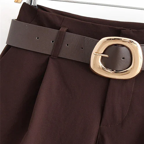 Brown High-Waist Wide-Leg Pants/ Belt
