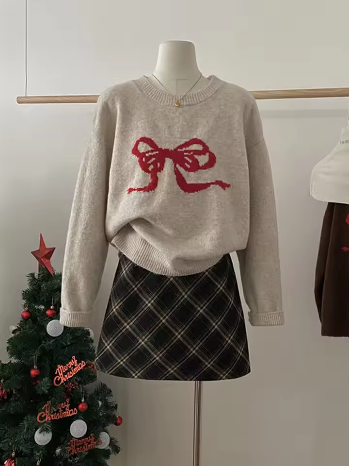 Charming Oversized Sweater with Red Bow Design