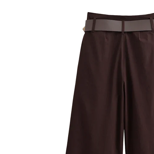 Brown High-Waist Wide-Leg Pants/ Belt