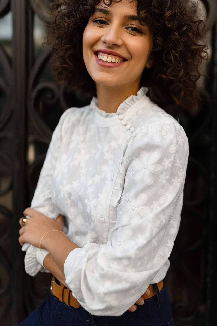 Floral Embroidered Ruffle Trim Blouse