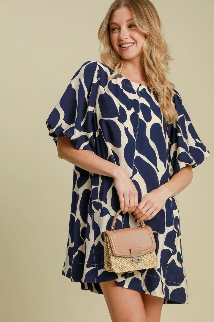 Two Tone Abstract Print Puff Sleeve Dress - Navy