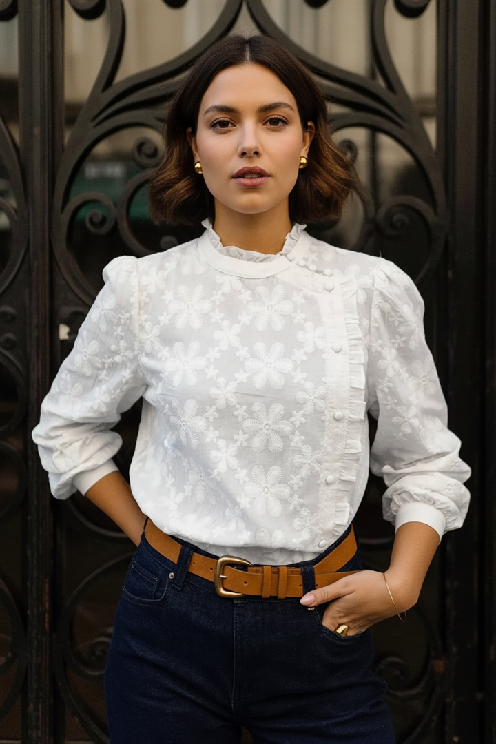 Floral Embroidered Ruffle Trim Blouse