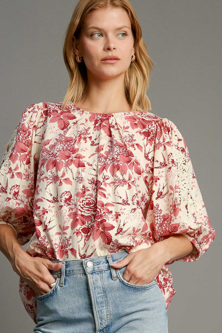 Floral Pleated Lace Detail Trim Sleeve Blouse