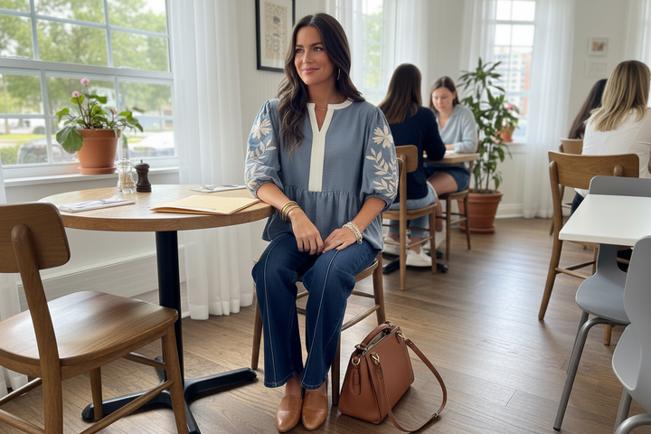 Embroidered Sleeve Peplum Blouse