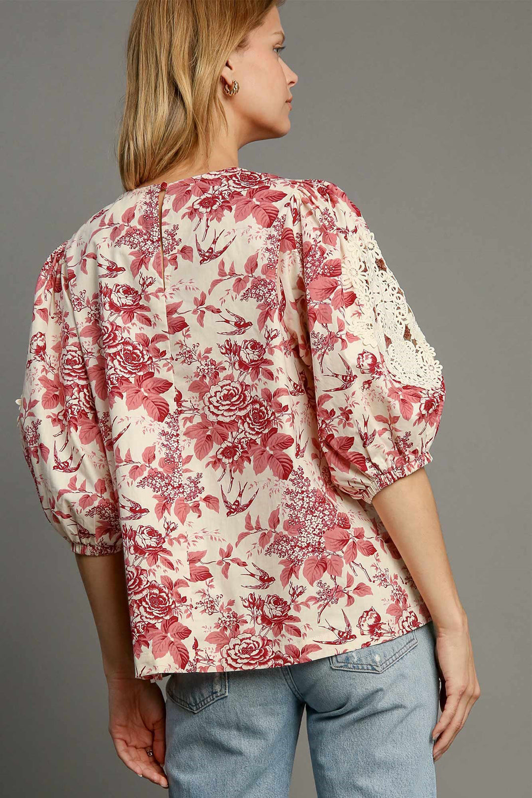 Floral Pleated Lace Detail Trim Sleeve Blouse