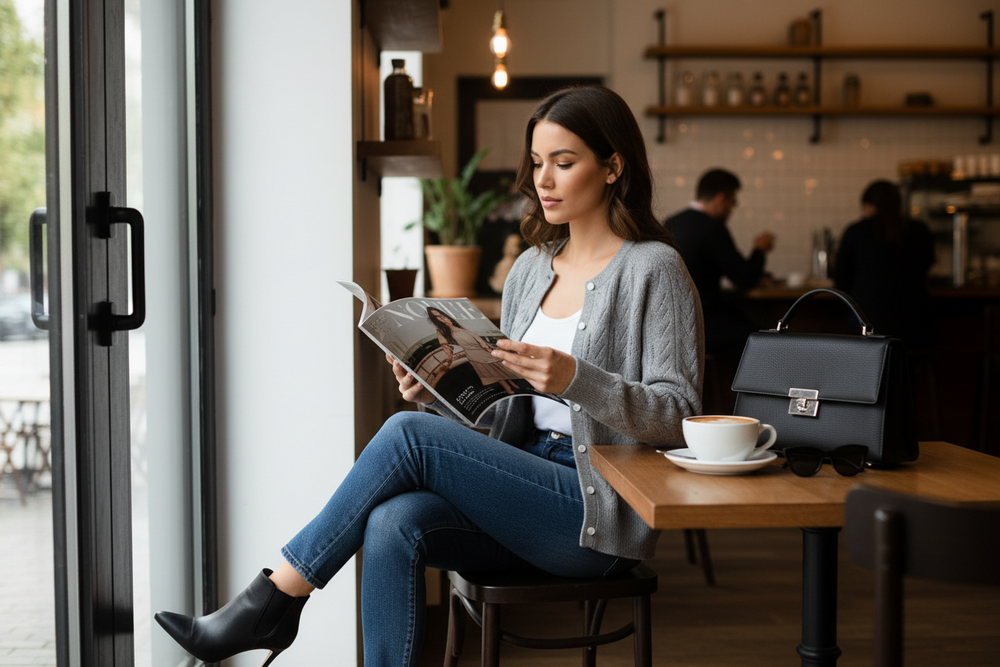 Flat lay styling with grey cardigan
