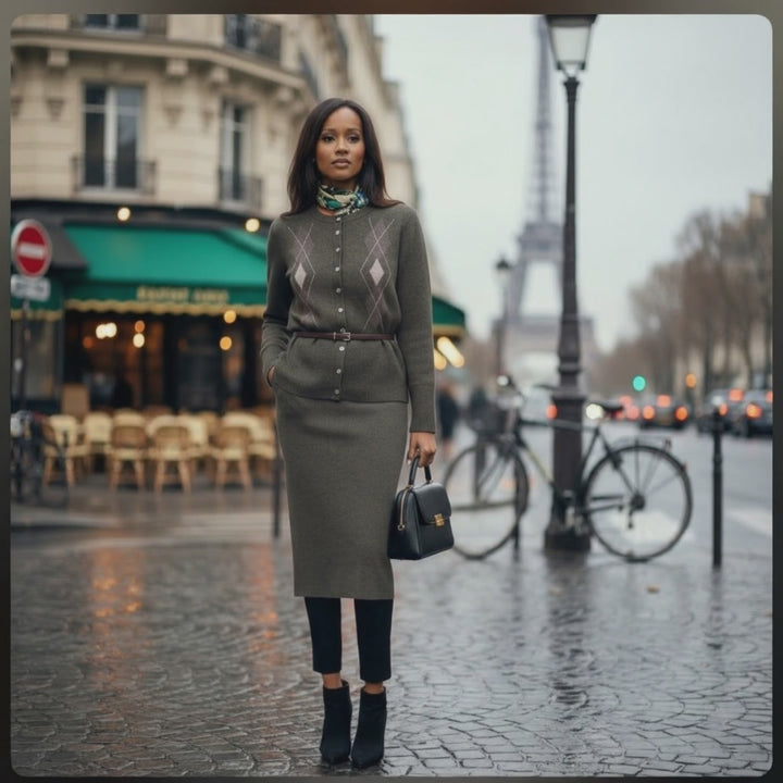 Argyle Pattern Cardigan and Skirt Set