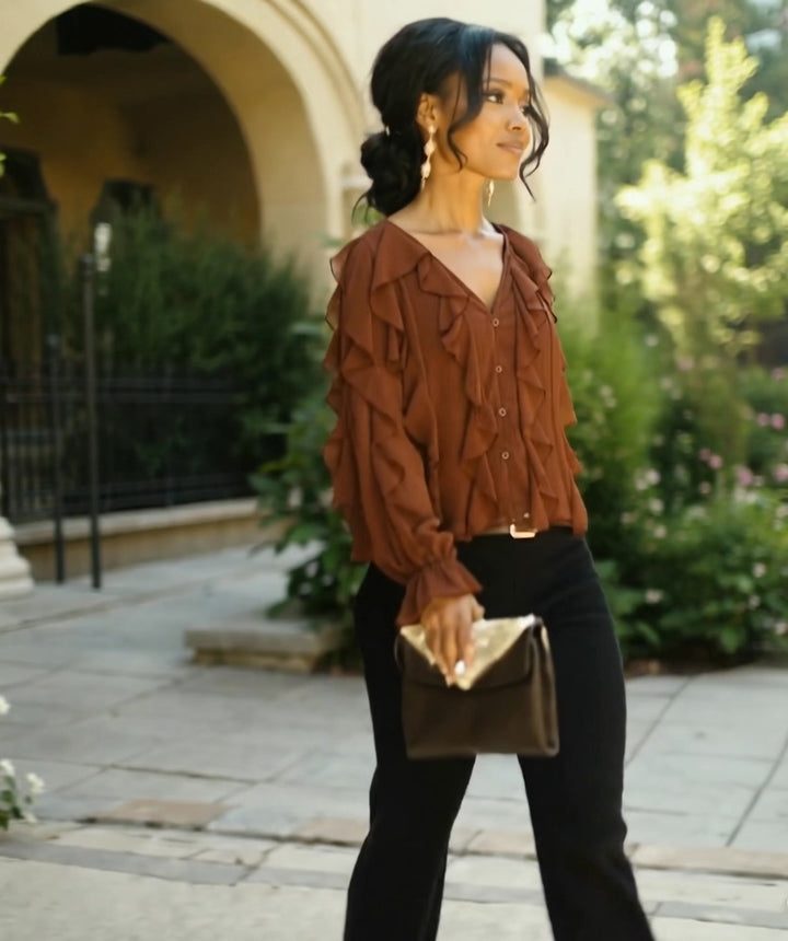 Brown Ruffled Chiffon Blouse