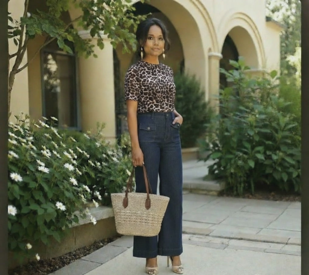 Leopard Print Sheer Mesh Short Sleeve Top