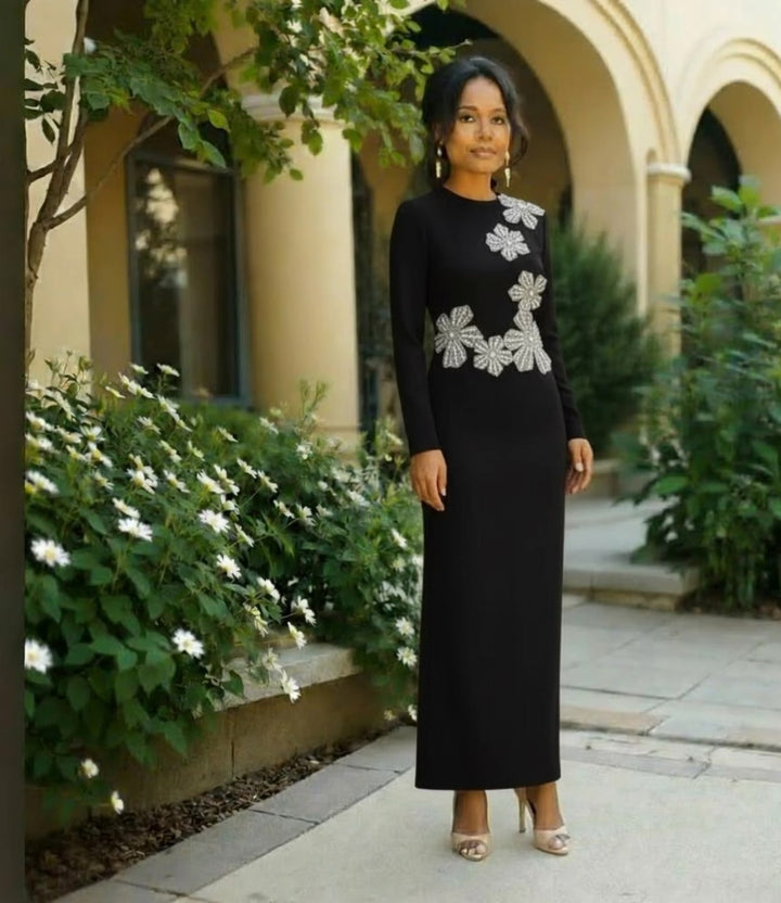 Black L/S Flower Embellished Maxi Dress