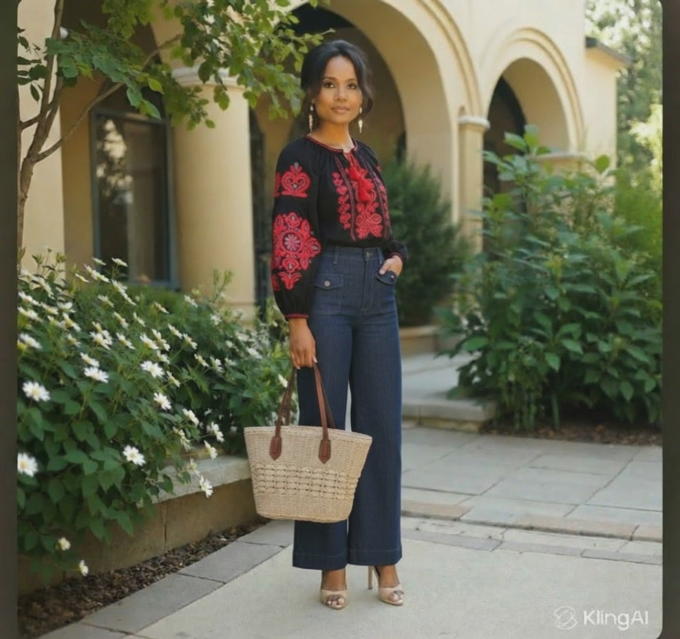 Embroidered Tassel Tie Neck Blouse