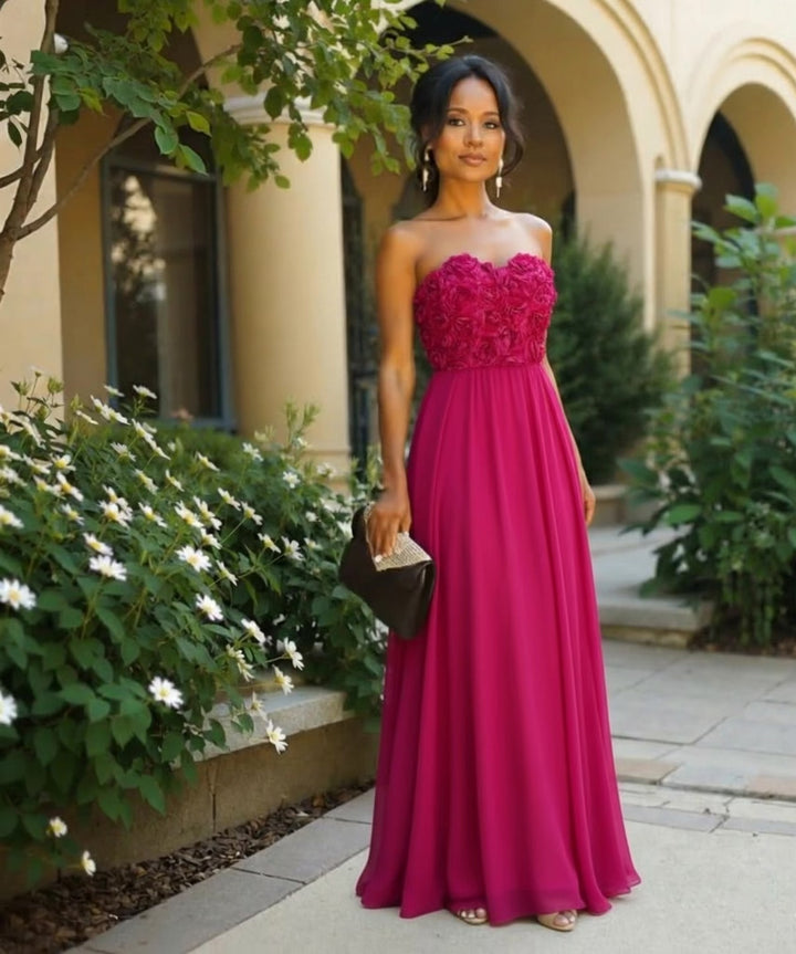 Strapless Rose-Embellished Maxi Dress