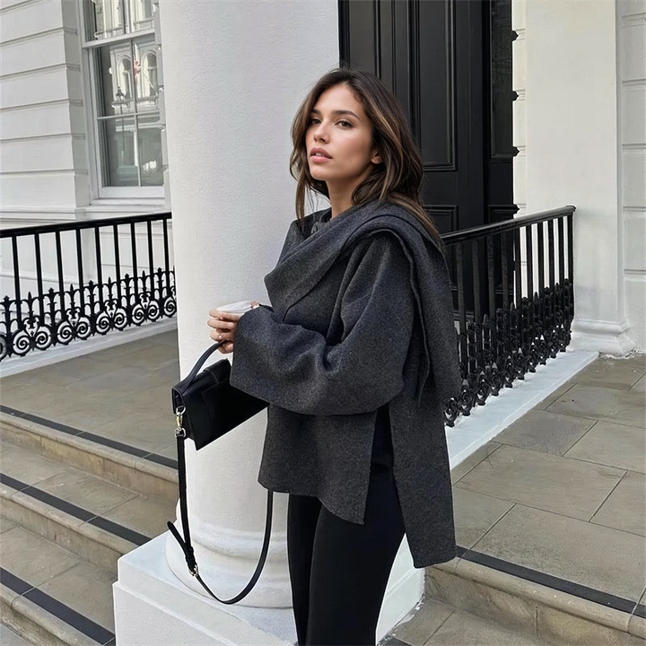 Dark Grey coat with asymmetrical scarf