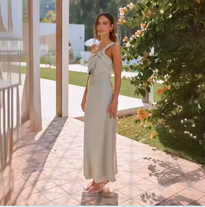 Satin One-Shoulder Twist Gown – Olive Mist