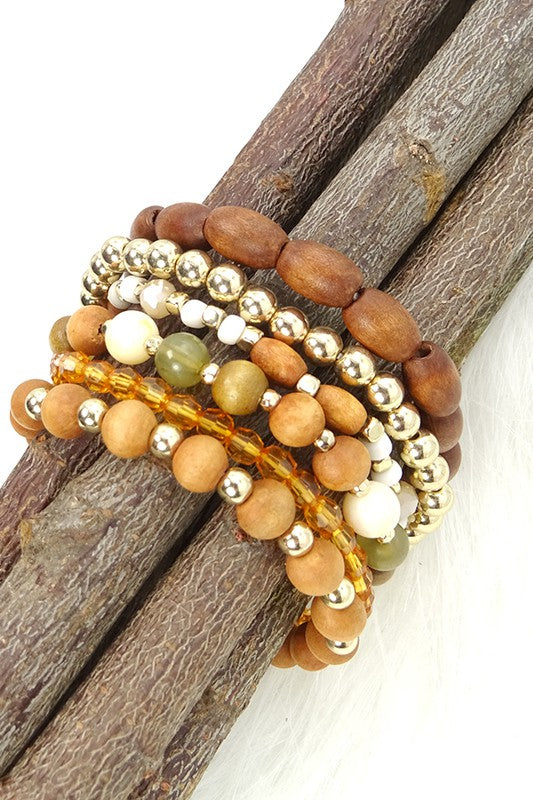 WOOD BEAD MIXED STRETCH BRACELET SET