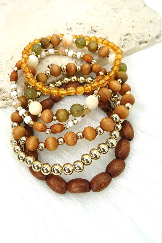 WOOD BEAD MIXED STRETCH BRACELET SET