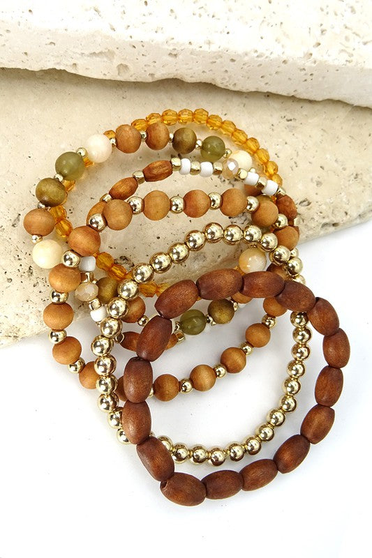 WOOD BEAD MIXED STRETCH BRACELET SET