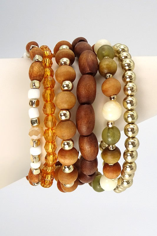 WOOD BEAD MIXED STRETCH BRACELET SET